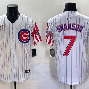 Chicago Cubs #7 Dansby Swanson White Pinstripe 2025 Independence Day Vapor Premier Limited Stitched Jersey