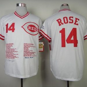 Mitchell And Ness Reds #14 Pete Rose White Commemorative Edition Stitched Jersey