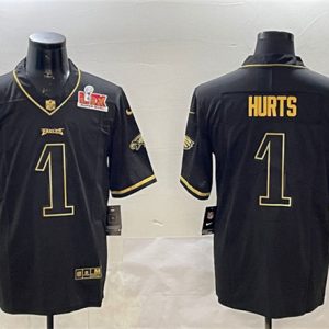 Philadelphia Eagles #1 Jalen Hurts Black Gold 2025 Super Bowl LIX Patch Salute To Service Vapor Untouchable Limited Stitched Jersey