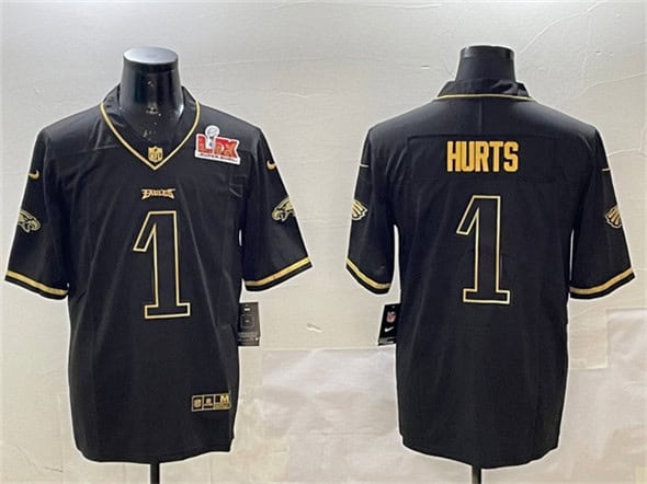 Philadelphia Eagles #1 Jalen Hurts Black Gold 2025 Super Bowl LIX Patch Salute To Service Vapor Untouchable Limited Stitched Jersey