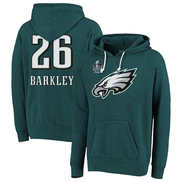 Philadelphia Eagles #26 Saquon Barkley Midnight Green Super Bowl LIX Champions Name Number Tri-Blend Pullover Hoodie