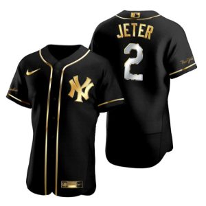 New York Yankees #2 Derek Jeter Black Gold Flex Base Stitched Baseball Jersey