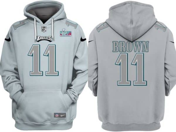 Philadelphia Eagles #11 A.J. Brown Grey Atmosphere Fashion Super Bowl LVII Patch Pullover Hoodie