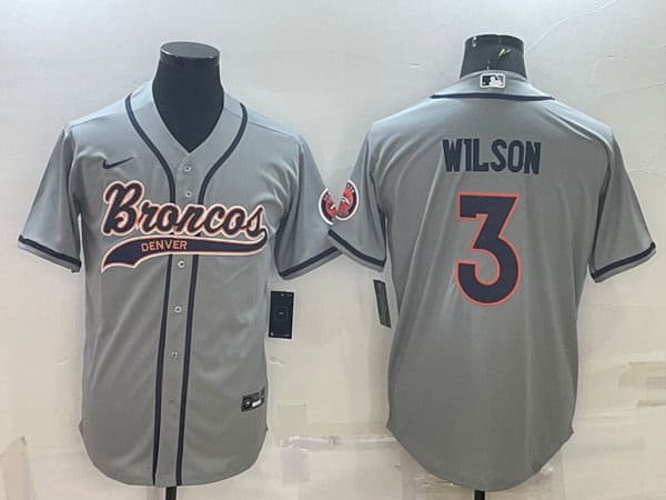 Denver Broncos #3 Russell Wilson Gray With Patch Cool Base Stitched Baseball Jersey
