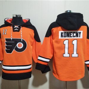 Philadelphia Flyers #11 Travis Konecny Orange Ageless Must-Have Lace-Up Pullover Hoodie