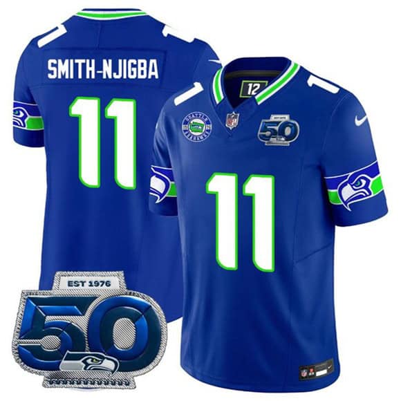 Seattle Seahawks #11 Jaxon Smith-Njigba Royal 2025 F.U.S.E 50th Season Patch Throwback Vapor Limited Football Stitched Jersey
