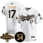 Los Angeles Dodgers #17 Shohei Ohtani White Gold 2024 World Series Champions Fernando Memorial Patch Vapor Premier Limited Stitched Jersey