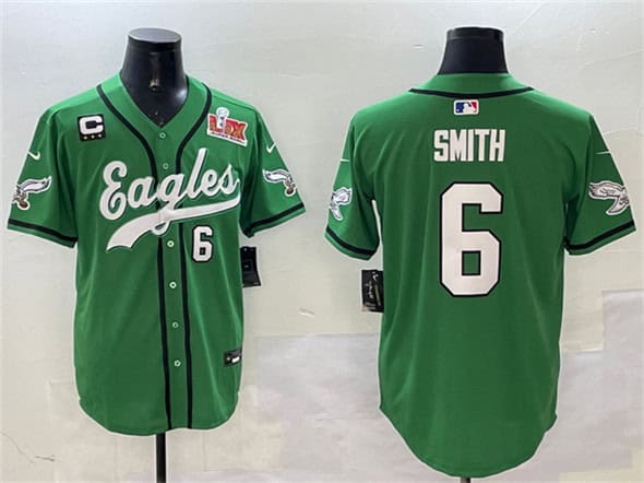 Philadelphia Eagles #6 DeVonta Smith Green 2025 Super Bowl LIX And 3-Star C Patch Stitched Jersey