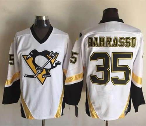 Penguins #35 Tom Barrasso White CCM Throwback Stitched Jersey