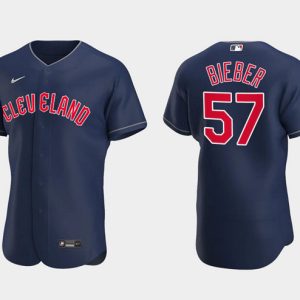 Cleveland Guardians #57 Shane Bieber Navy Flex Base Stitched Jersey