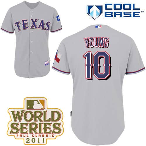 Rangers #10 Michael Young Grey Cool Base 2011 World Series Patch Stitched Jersey