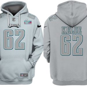 Philadelphia Eagles #62 Jason Kelce Gray Atmosphere Fashion Super Bowl LVII Patch Pullover Hoodie