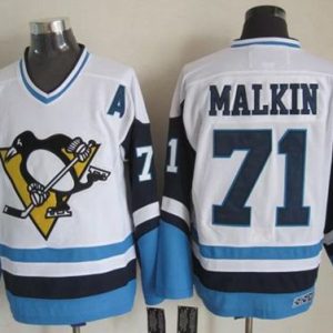 Penguins #71 Evgeni Malkin White Blue CCM Throwback Stitched Jersey