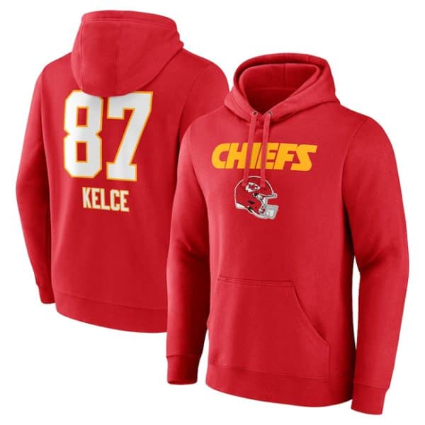 Kansas City Chiefs #87 Travis Kelce Red Wordmark Player Name Number Pullover Hoodie