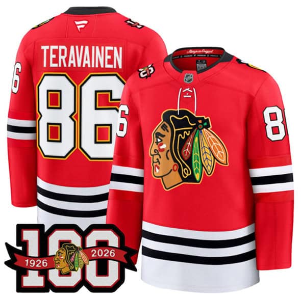 Chicago Blackhawks #86 Teuvo Teravainen Red 2025 Home 100th Anniversary Stitched Jersey