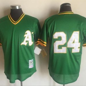 Oakland Athletics #24 Rickey Henderson Mitchell And Ness Green 1991 Throwback Stitched Jersey