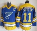 Blues #11 Brian Sutter Light Blue Yellow CCM Throwback Stitched Jersey