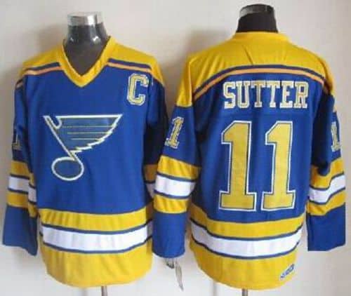 Blues #11 Brian Sutter Light Blue Yellow CCM Throwback Stitched Jersey