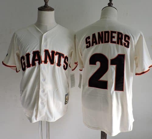 Mitchell And Ness Giants #21 Deion Sanders Cream Throwback Stitched Jersey