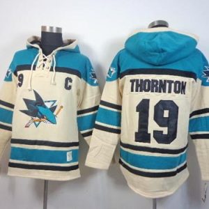 Sharks #19 Joe Thornton Cream Sawyer Hooded Sweatshirt Stitched Jersey