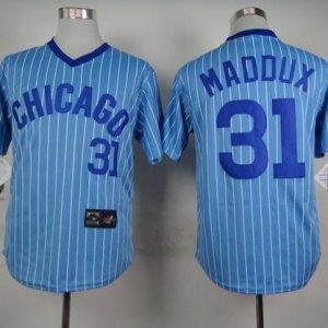 Cubs #31 Greg Maddux Blue(White Strip) Cooperstown Throwback Stitched Jersey