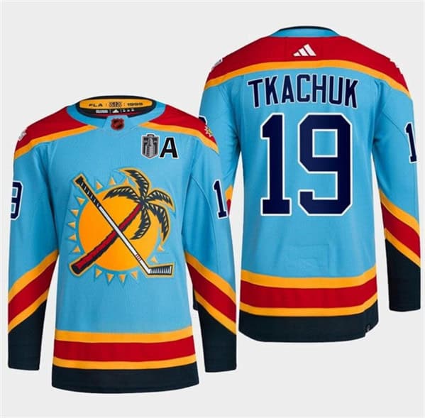 Florida Panthers #19 Matthew Tkachuk Blue 2024 Stanley Cup Final Patch Reverse Retro Stitched Jersey