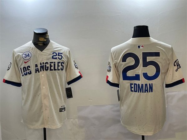 Los Angeles Dodgers #25 Tommy Edman Cream 2024 World Series With No. 34 Patch City Connect Limited Stitched Jersey