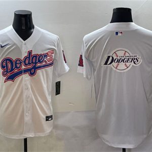 Los Angeles Dodgers Team Big Logo White With American Flag Patch Limited Stitched Jersey