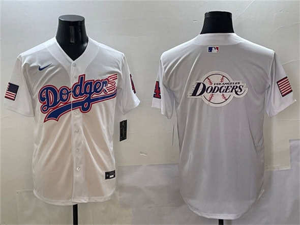 Los Angeles Dodgers Team Big Logo White With American Flag Patch Limited Stitched Jersey