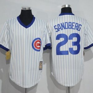 Cubs #23 Ryne Sandberg White Strip Home Cooperstown Stitched Jersey