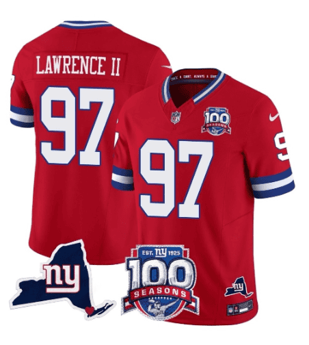 New York Giants #97 Dexter Lawrence II Red 2025 F.U.S.E. 100th Season State Patch Vapor Limited Football Stitched Jersey