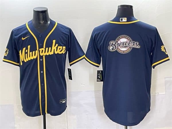Milwaukee Brewers Team Big Logo Navy 2025 With Patch Stitched Jersey