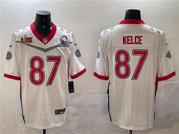 Kansas City Chiefs #87 Travis Kelce White 2025 Super Bowl LIX Patch Pro Bowl Vapor Limited Stitched Jersey