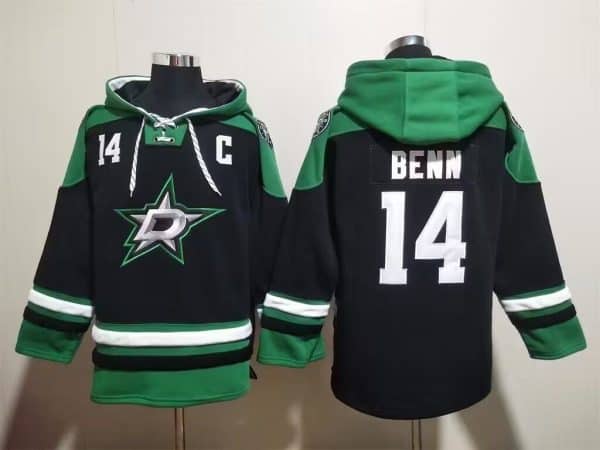 Dallas Stars #14 Jamie Benn Black Green Lace-Up Pullover Hoodie