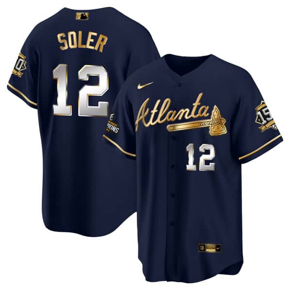 Atlanta Braves #12 Jorge Soler 2021 Navy Gold World Series Champions With 150th Anniversary Patch Cool Base Stitched Jersey