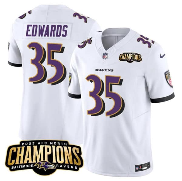 Baltimore Ravens #35 Gus Edwards White 2023 F.U.S.E. AFC North Champions Vapor Limited Stitched Jersey