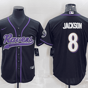 Baltimore Ravens #8 Lamar Jackson Black With Patch Cool Base Stitched Baseball Jersey