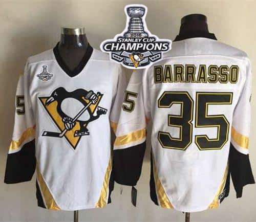Penguins #35 Tom Barrasso White CCM Throwback 2016 Stanley Cup Champions Stitched Jersey