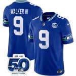 Seattle Seahawks #9 Kenneth Walker III Royal 2025 F.U.S.E 50th Anniversary Patch Throwback Vapor Limited Football Stitched Jersey