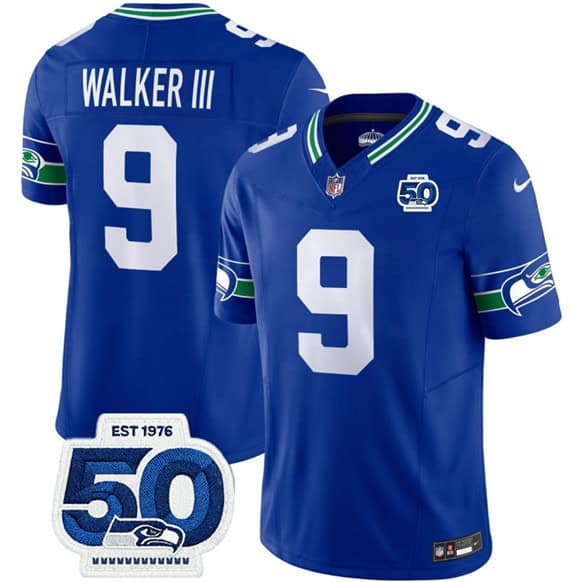 Seattle Seahawks #9 Kenneth Walker III Royal 2025 F.U.S.E 50th Anniversary Patch Throwback Vapor Limited Football Stitched Jersey