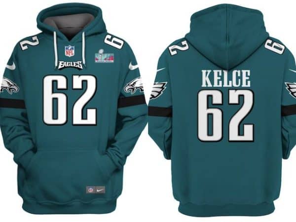 Philadelphia Eagles #62 Jason Kelce White Super Bowl LVII Patch Pullover Hoodie