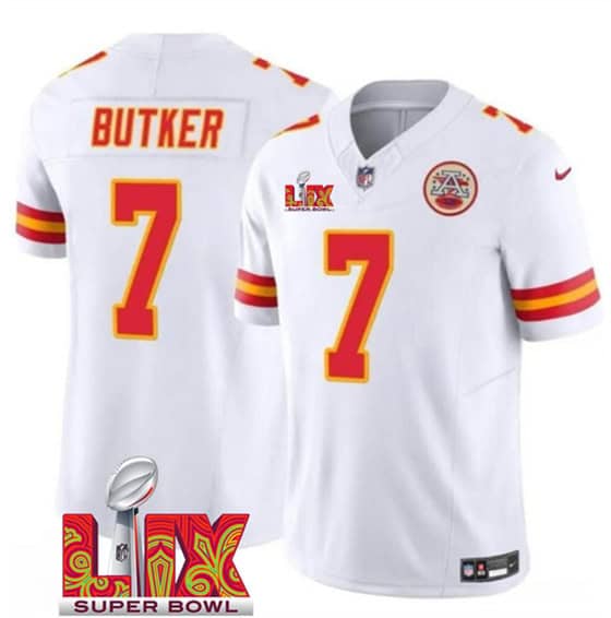 Kansas City Chiefs #7 Harrison Butker White 2025 F.U.S.E. Super Bowl LIX Patch Vapor Untouchable Limited Stitched Jersey