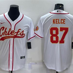 Kansas City Chiefs ##87 Travis Kelce White With Patch Cool Base Stitched Baseball Jersey