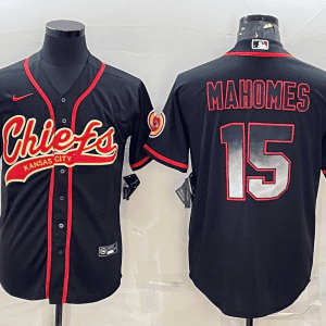 Kansas City Chiefs #15 Patrick Mahomes Black Red With Patch Cool Base Stitched Baseball Jersey