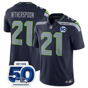 Seattle Seahawks #21 Devon Witherspoon Navy 2025 F.U.S.E. 50th Anniversary Patch Vapor Limited Football Stitched Jersey
