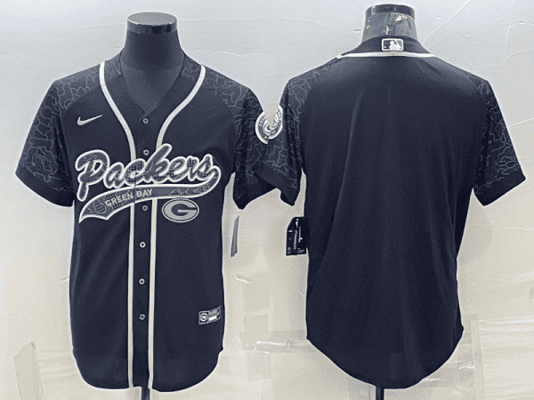 Green Bay Packers Blank Black Reflective With Patch Cool Base Stitched Baseball Jersey