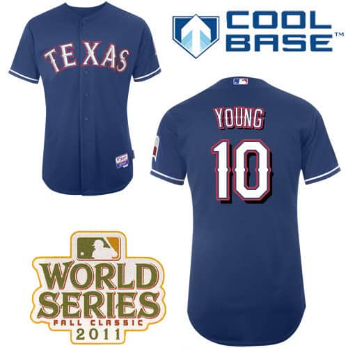 Rangers #10 Michael Young Blue Cool Base 2011 World Series Patch Stitched Jersey