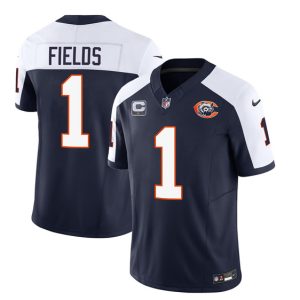 Chicago Bears #1 Justin Fields Navy White 2023 F.U.S.E. With 1-Star C PatchThrowback Limited Stitched Game Jersey