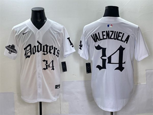 Los Angeles Dodgers #34 Fernando Valenzuela White 2025 LA Gothic Style With 2024 World Series Champions Patch Vapor Premier Limited Stitched Jersey
