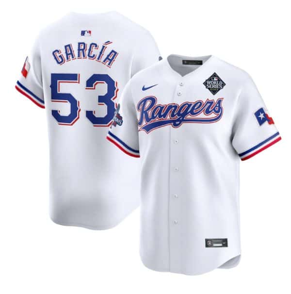 Texas Rangers #53 Adolis Garc¨ªa White 2023 World Series Patch And Champions Patch Stitched Jersey